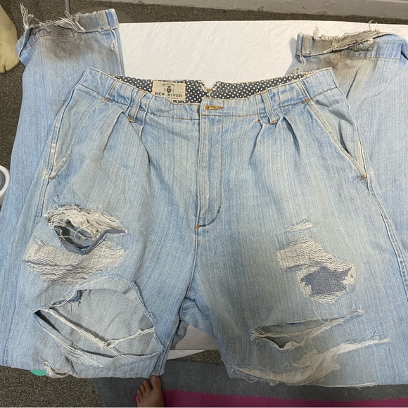 Trashed Vintage New River Pleated Straight Jeans Destroyed 34L Cuffed Ripped - Picture 7 of 14